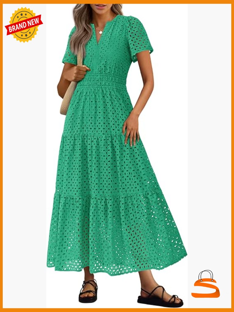 Eyelet Maxi Dress Short Sleeve V Neck A Line Flowy Beach Vacation